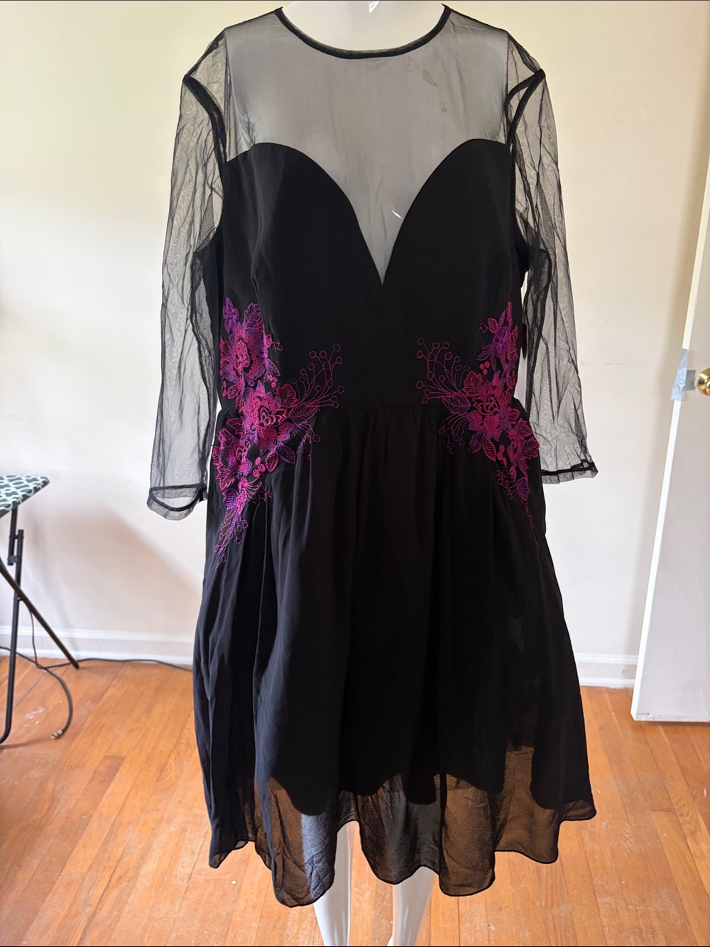 Little Mistress Black Mesh Fit & Flare Dress with Fuchsia Floral Appliqué
